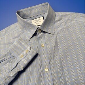 Charles Tyrwhitt Shirt Mens 15.5 34 Light Blue Plaid‎ Extra Slim Fit Non-Iron